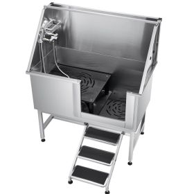 VEVOR Stainless Steel Dog Washing Station 50 Inch Pet Grooming Tub with Low-Slope Non-Slip Stairs, Hot & Cold Faucet, Showerhead, Home Wash Sink